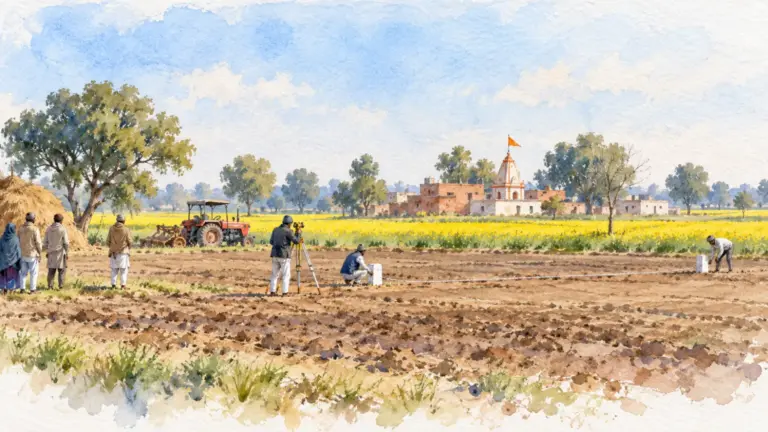 Watercolour illustration of a survey team placing boundary stones in village fields