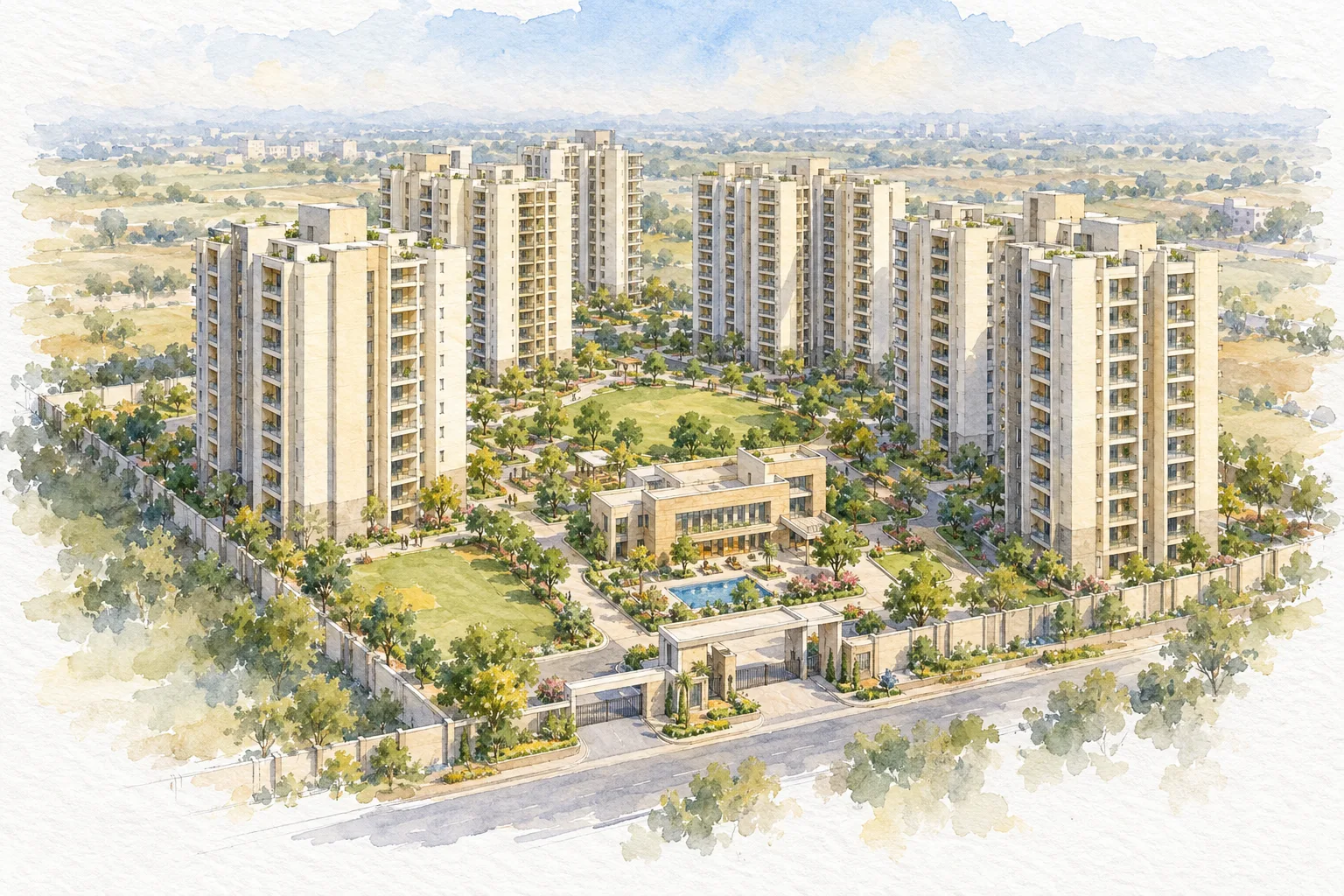 Watercolour illustration of Nextra City 2 (not the actual project)