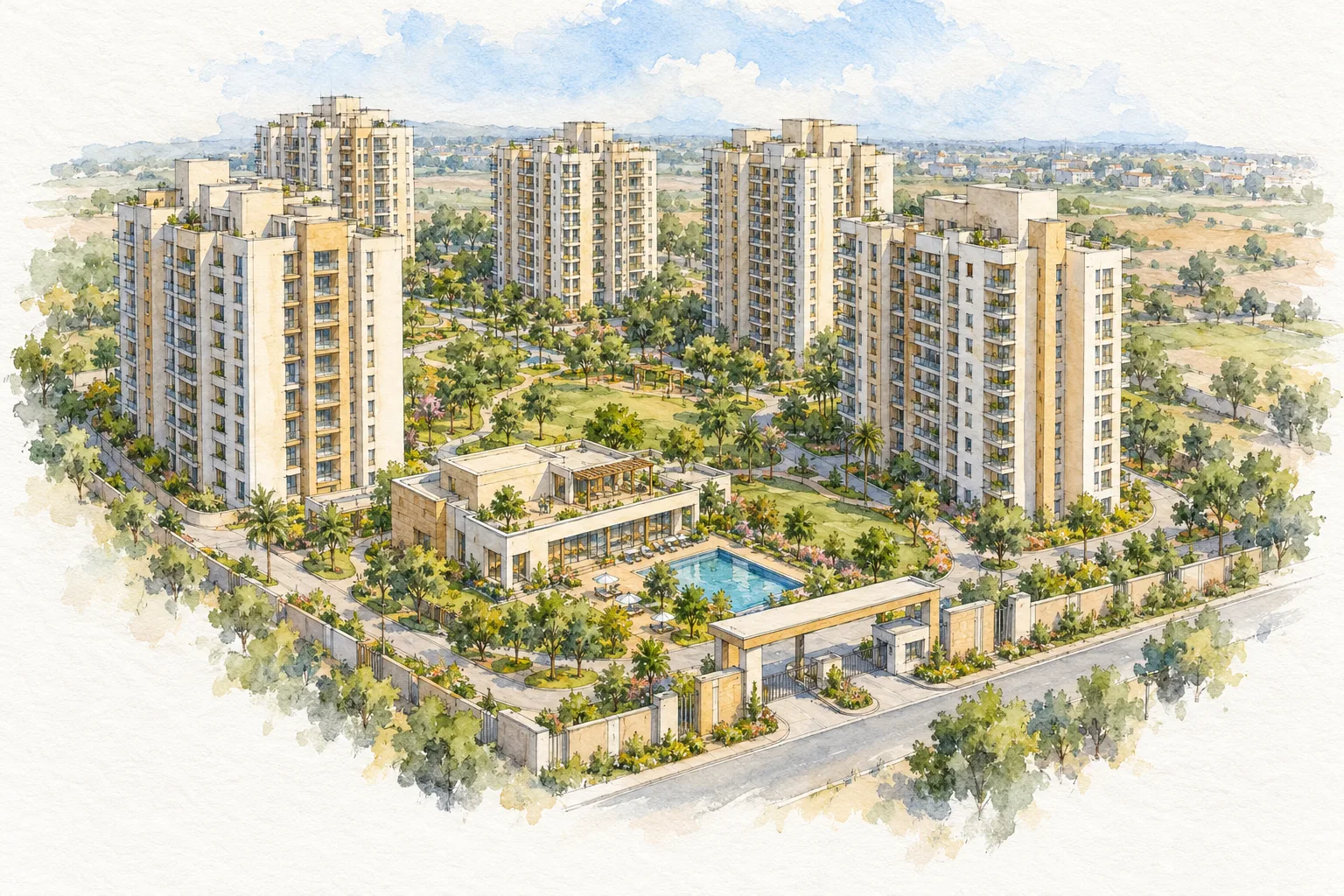 Watercolour illustration of Nextra City (not the actual project)