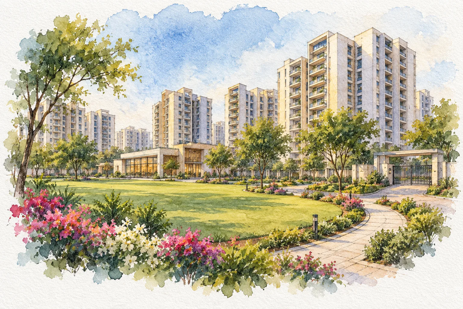 Watercolour illustration of Nikunj City (not the actual project)