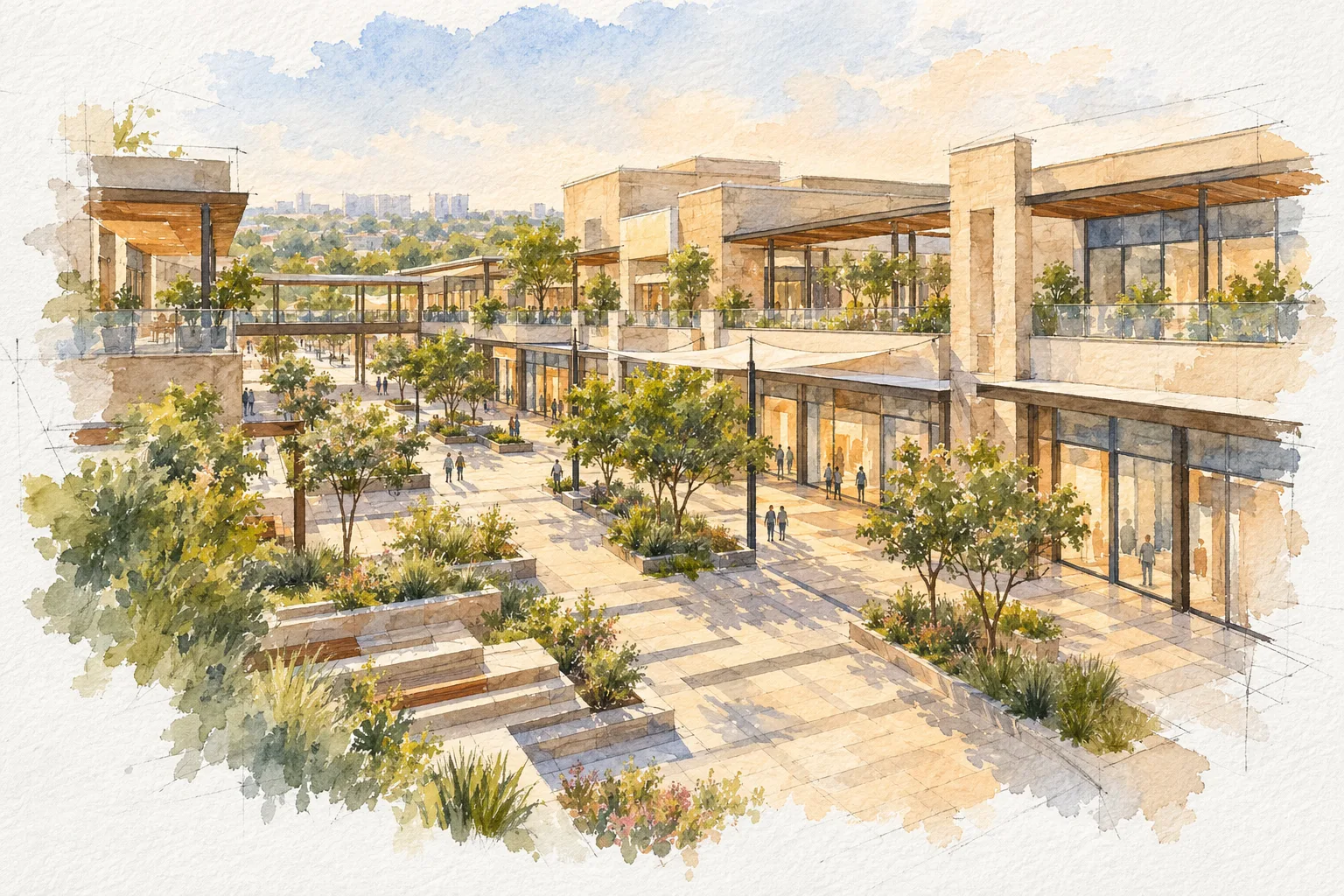 Watercolour illustration of Nirala Aspire Plaza (not the actual project)