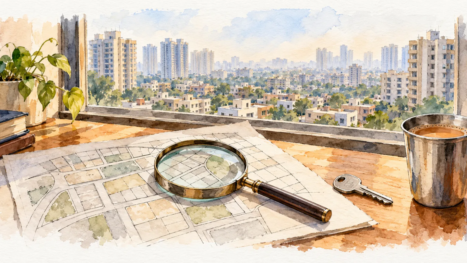 Watercolour illustration of a magnifying glass over an unlabelled plot sketch beside a key
