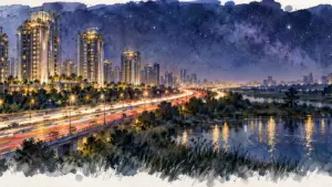Watercolour illustration of luxury towers lit at night along an expressway