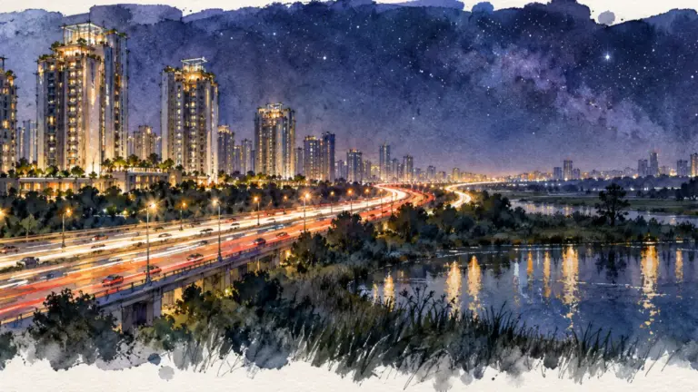 Watercolour illustration of luxury towers lit at night along an expressway