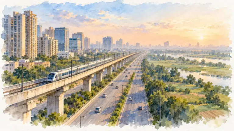 Watercolour illustration of a metro train beside an expressway, towers and floodplain