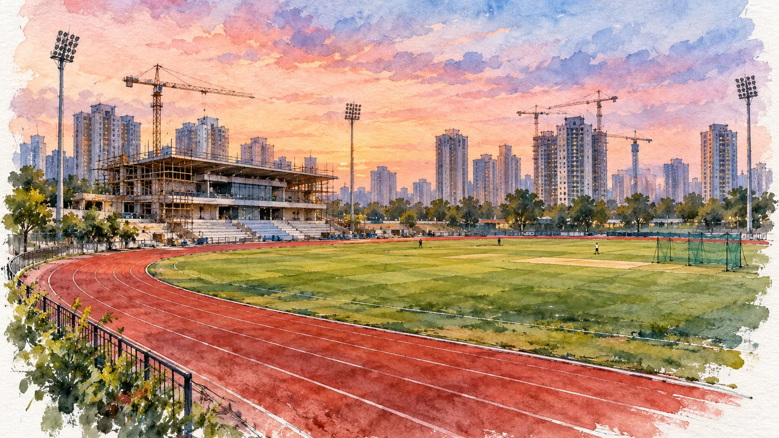 Watercolour illustration of a sports ground with floodlights under construction at evening
