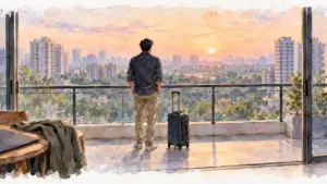 Watercolour illustration of a traveller with a suitcase on a new flat's balcony at dawn