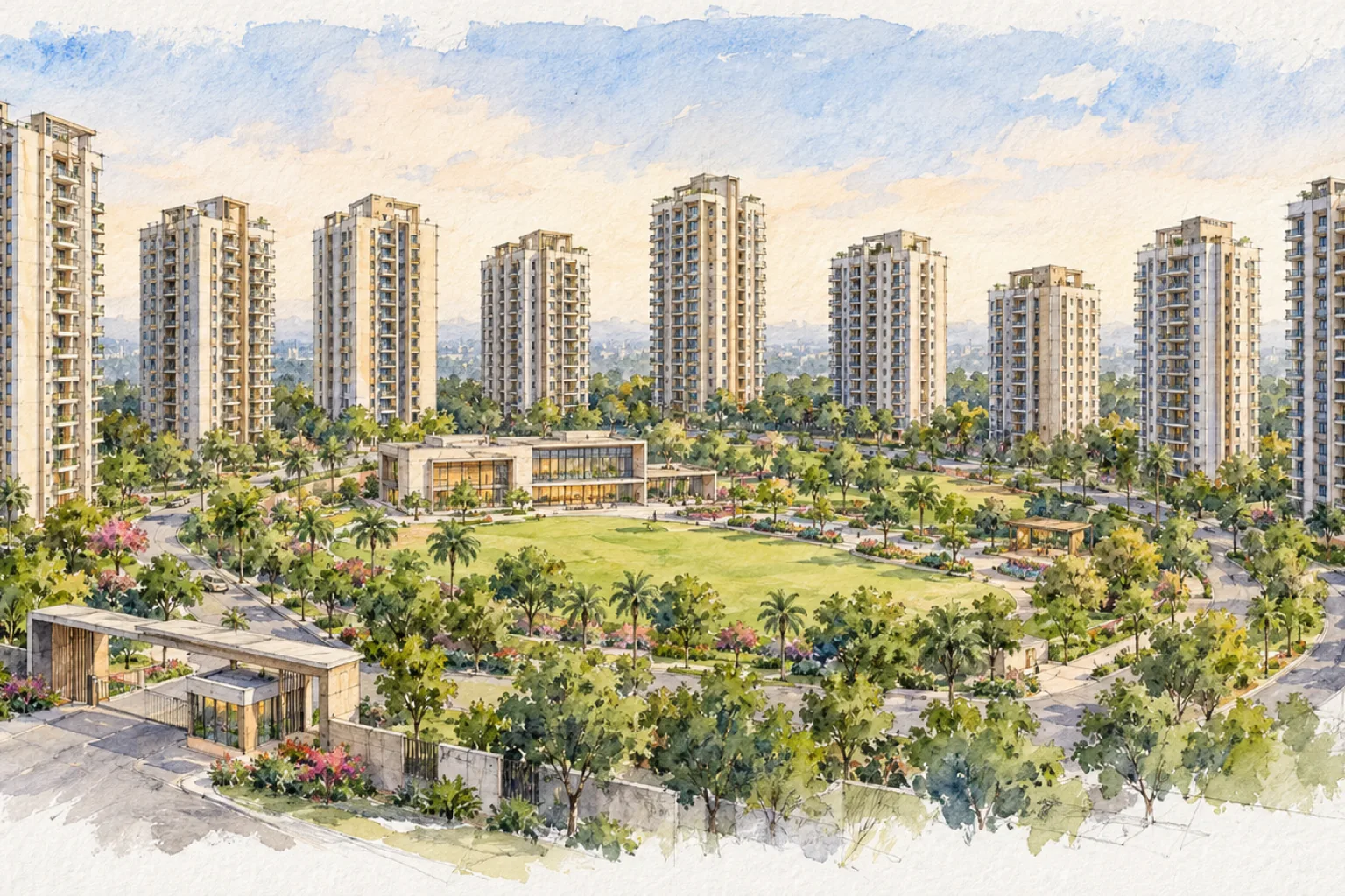 Watercolour illustration of Oakwood at The Prestige City Indirapuram (not the actual project)
