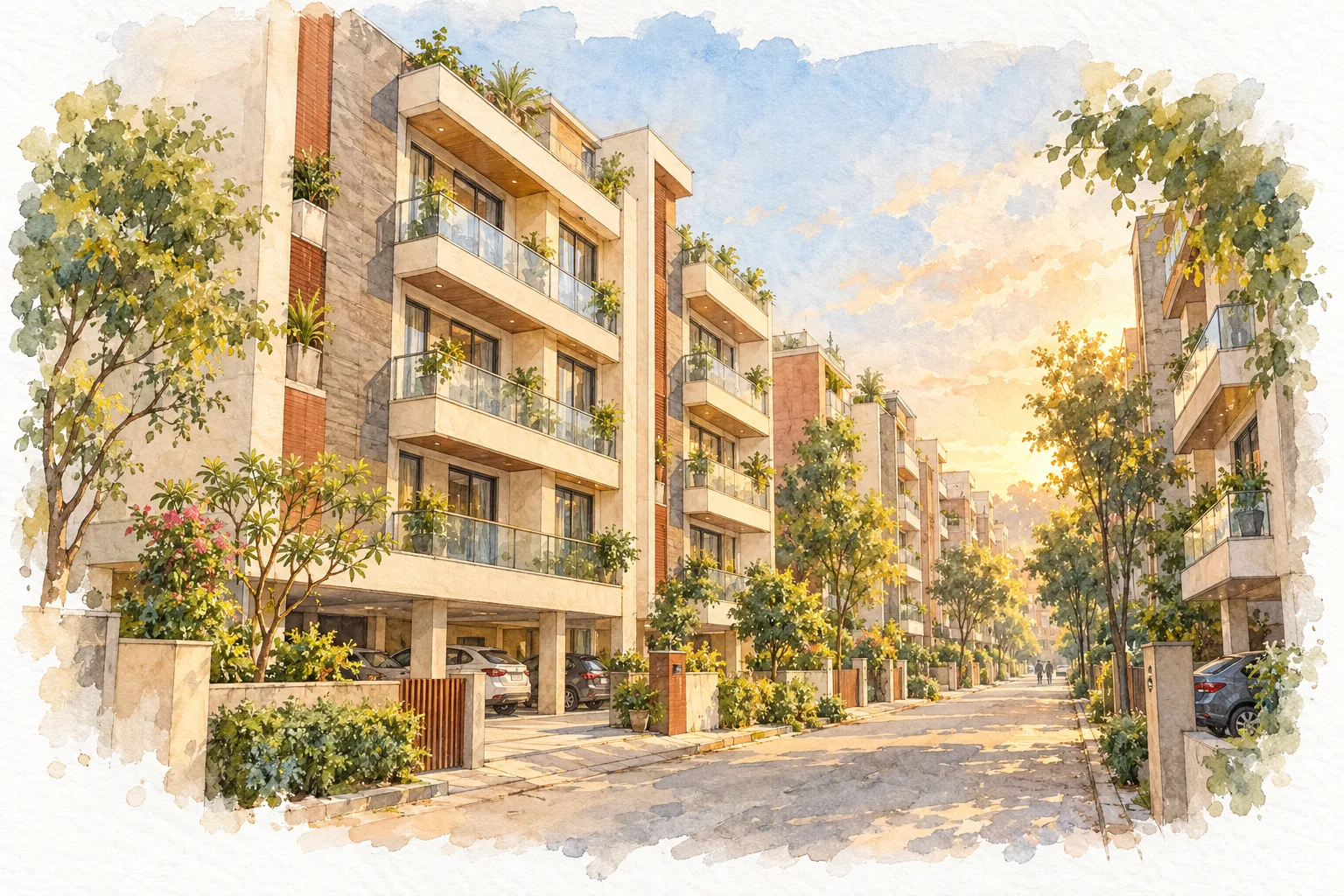 Watercolour illustration of Omaxe Executive Floors South Avenue (not the actual project)