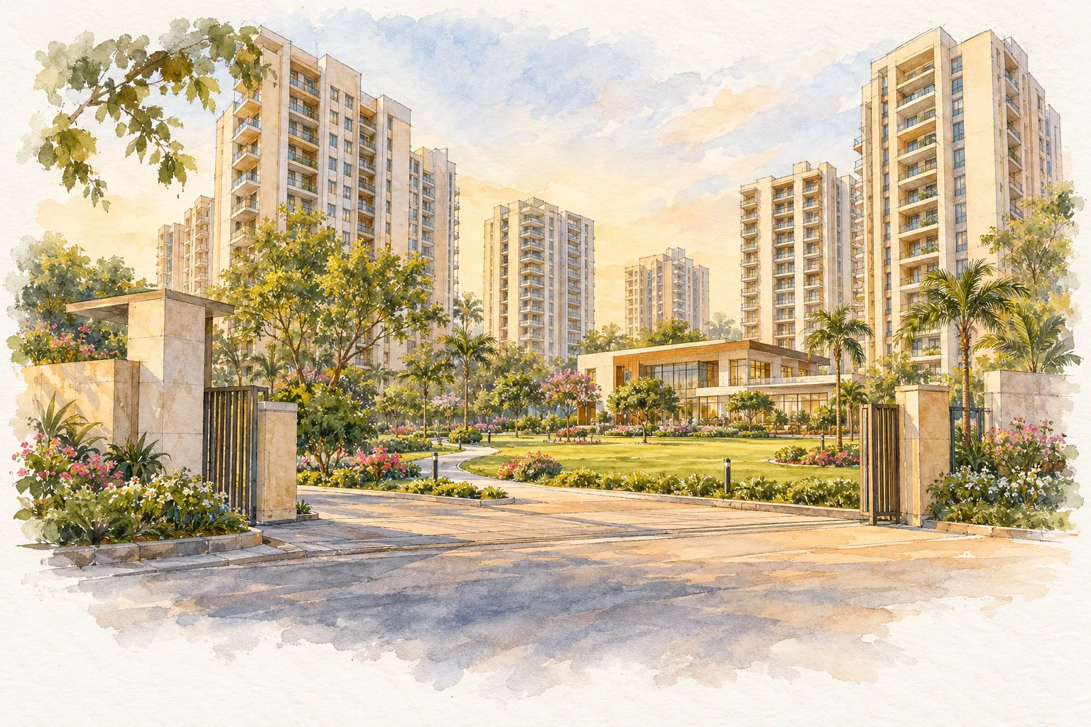 Watercolour illustration of Omaxe Residences (not the actual project)