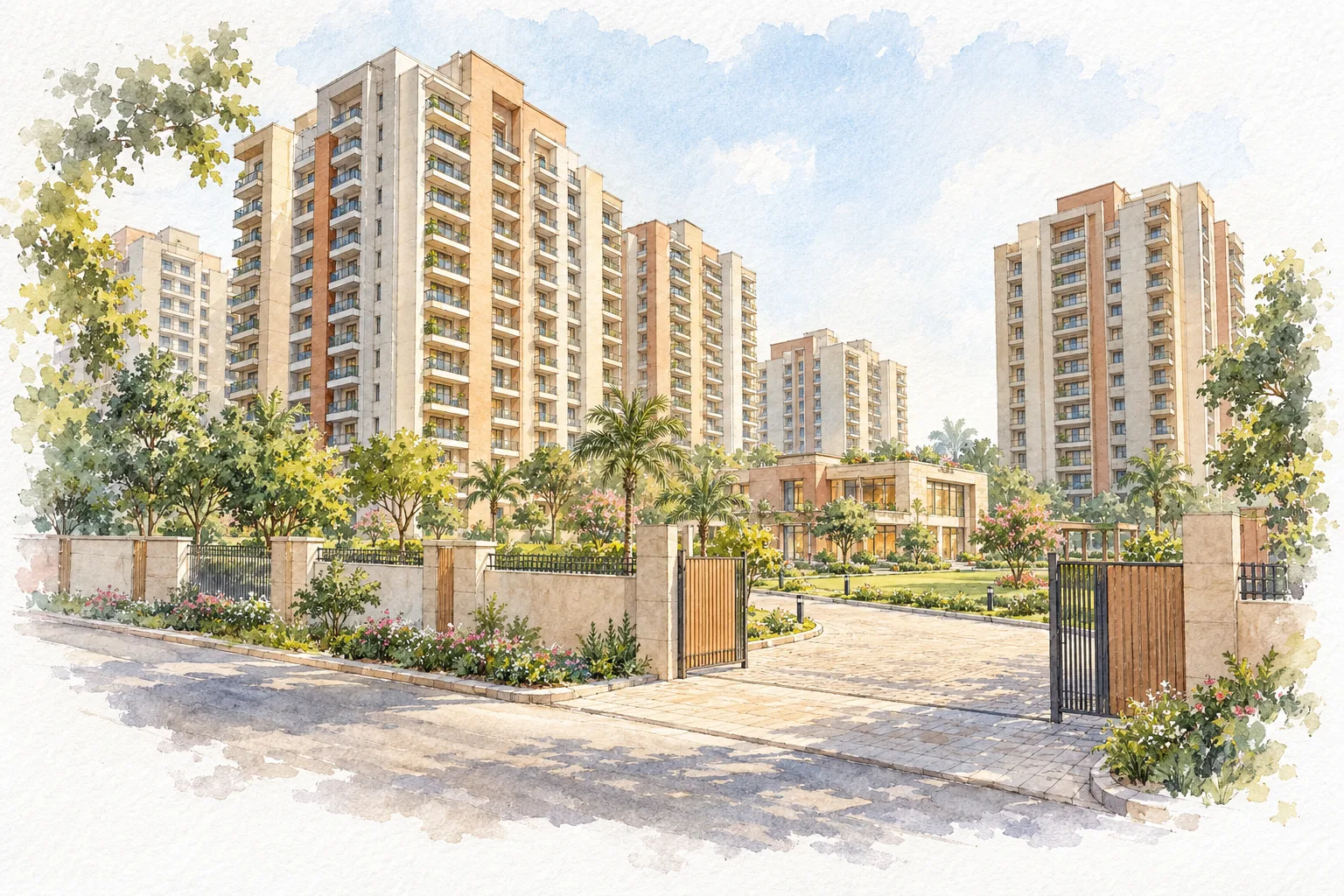 Watercolour illustration of Omaxe Royal Residency (not the actual project)