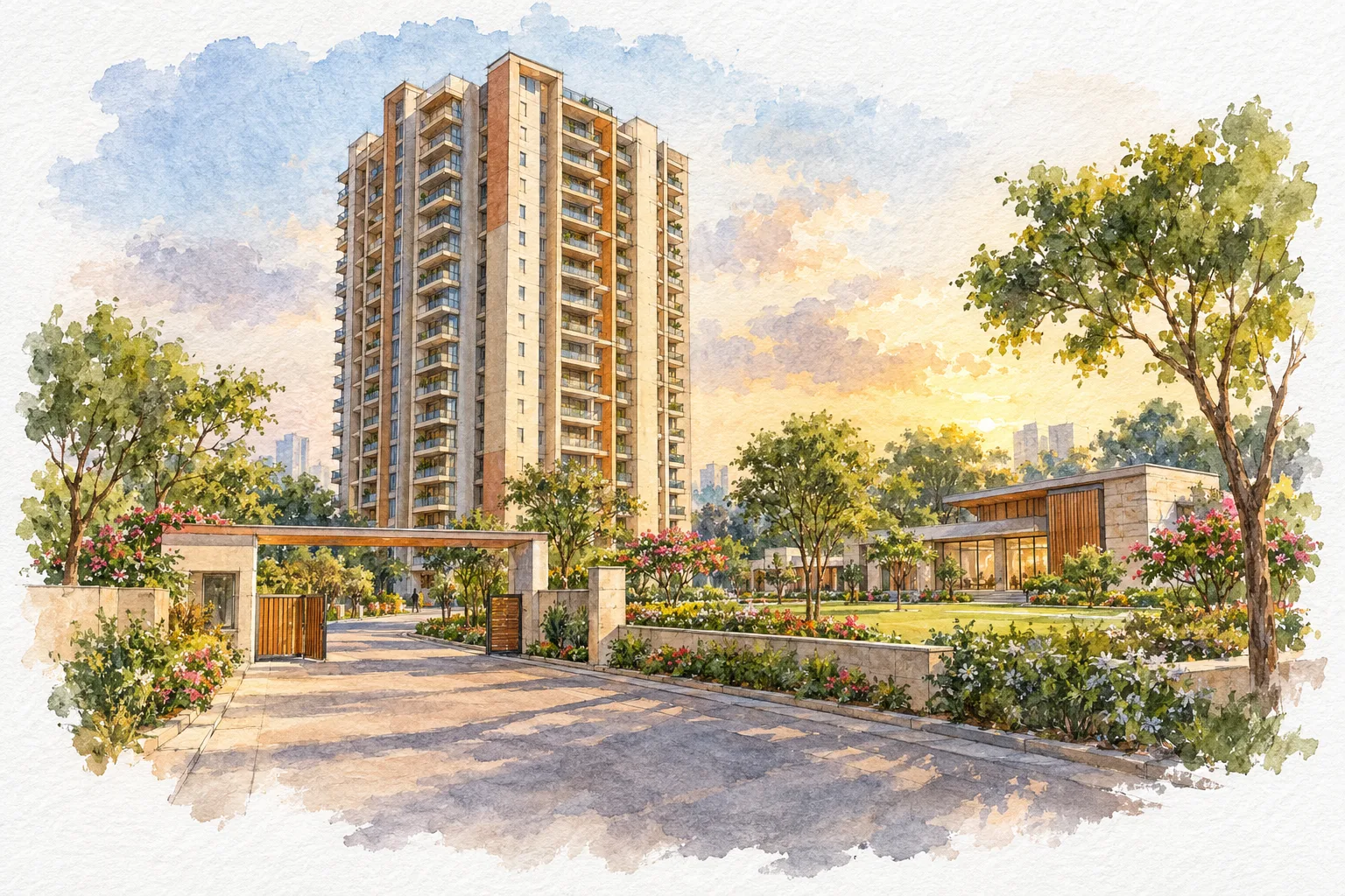 Watercolour illustration of Omaxe The Olive Heights (not the actual project)