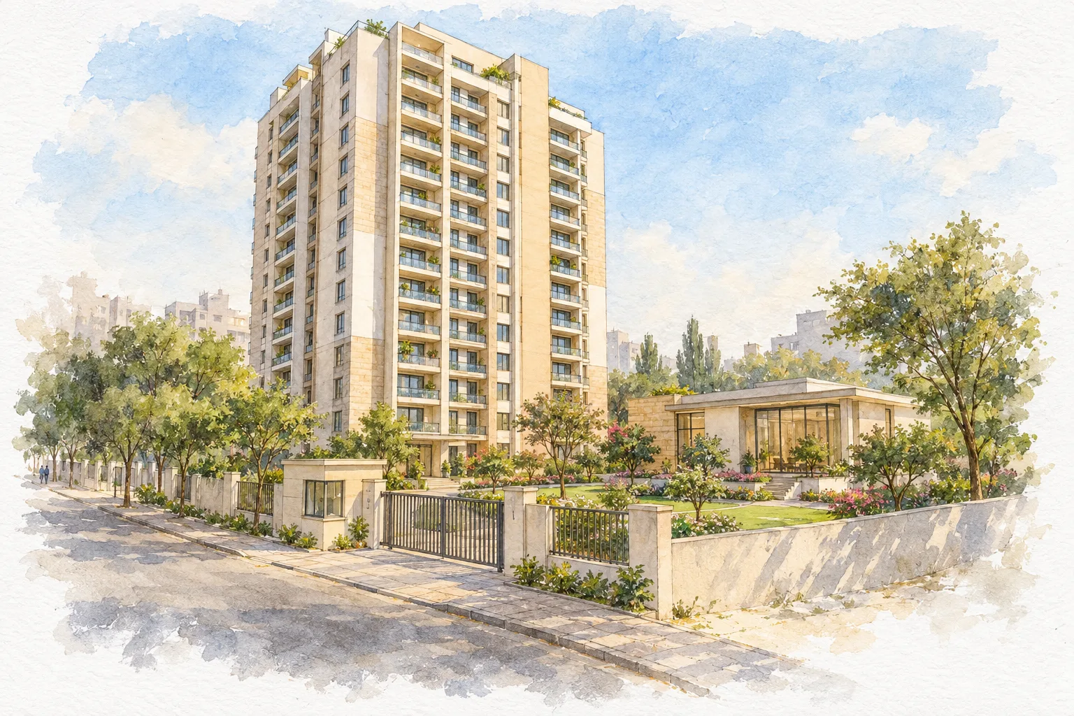Watercolour illustration of Ompee Tower (not the actual project)