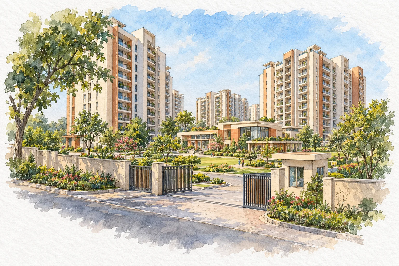 Watercolour illustration of OnePrastha Sonipat Sector 87 (not the actual project)