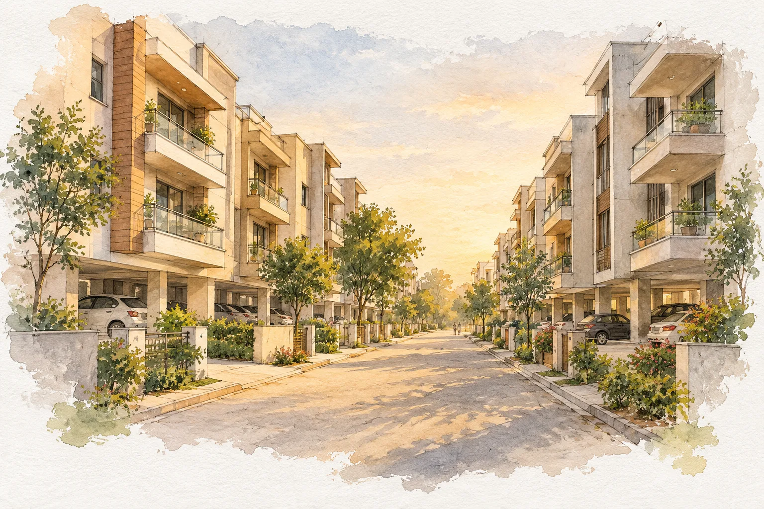 Watercolour illustration of Orange Primia Floor (not the actual project)