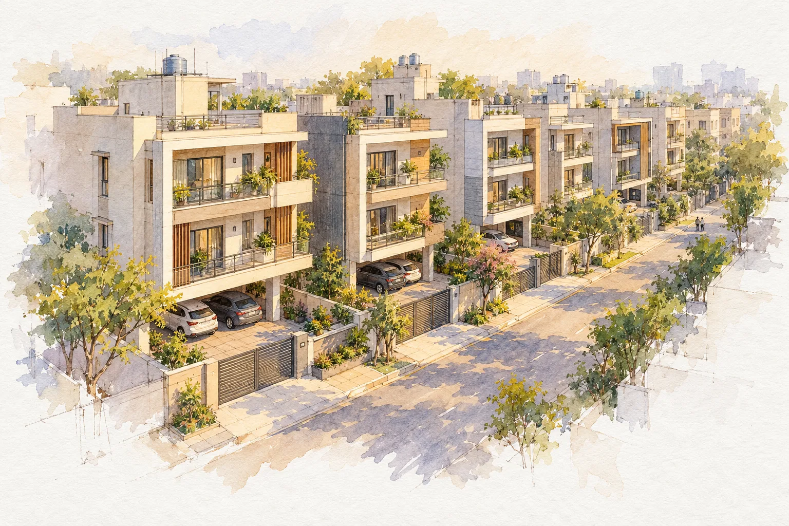 Watercolour illustration of Palm Floors Pataudi (not the actual project)