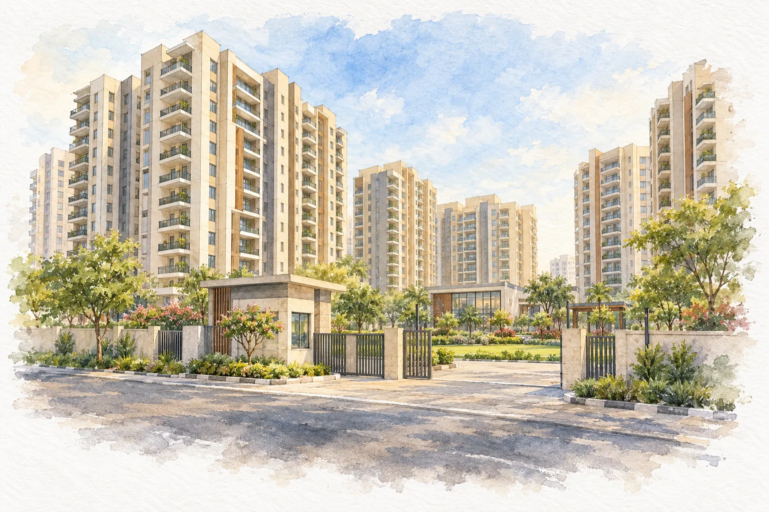 Watercolour illustration of Parker Residency (not the actual project)
