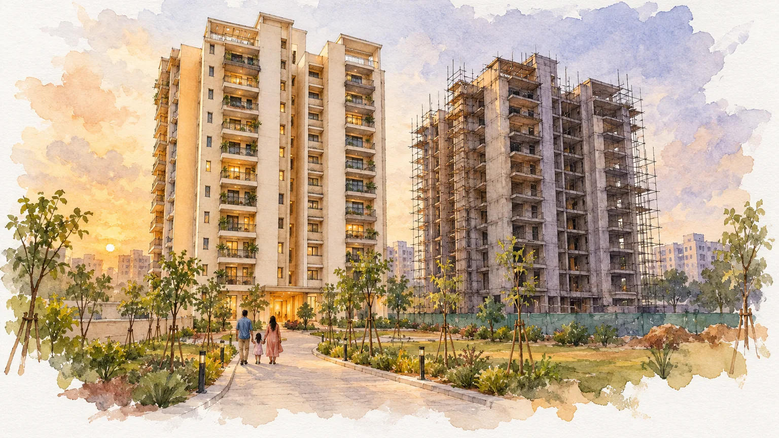 Watercolour illustration of a finished, lived-in tower beside a twin tower still under construction