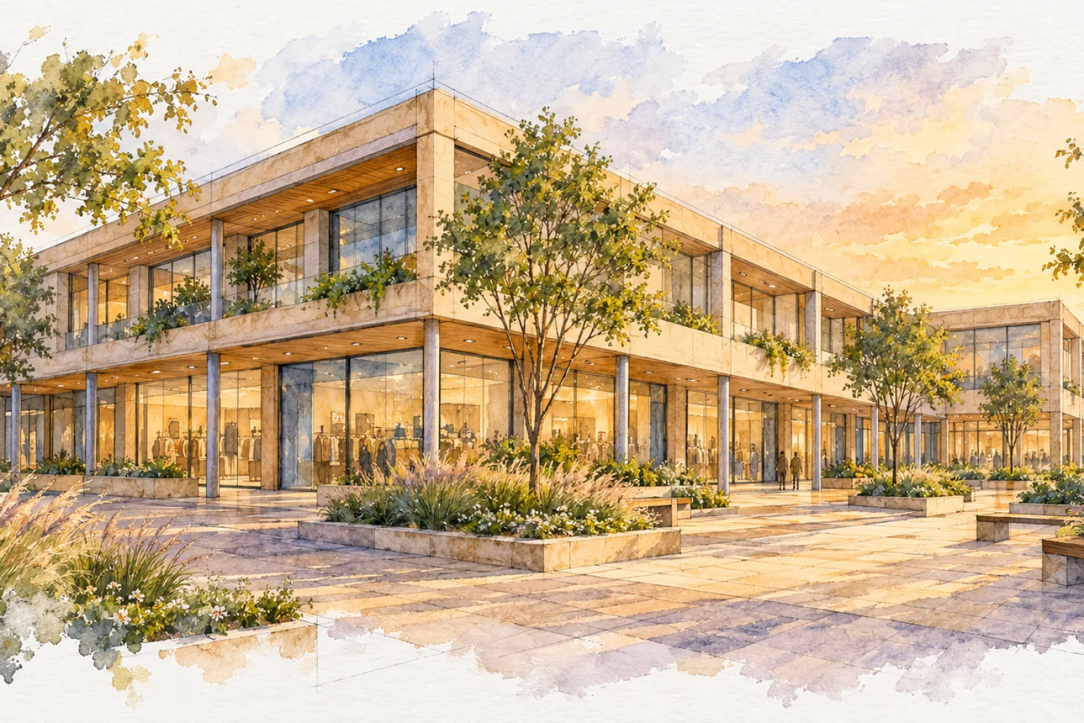 Watercolour illustration of Pavilion Dwarka Sector 10 (not the actual project)