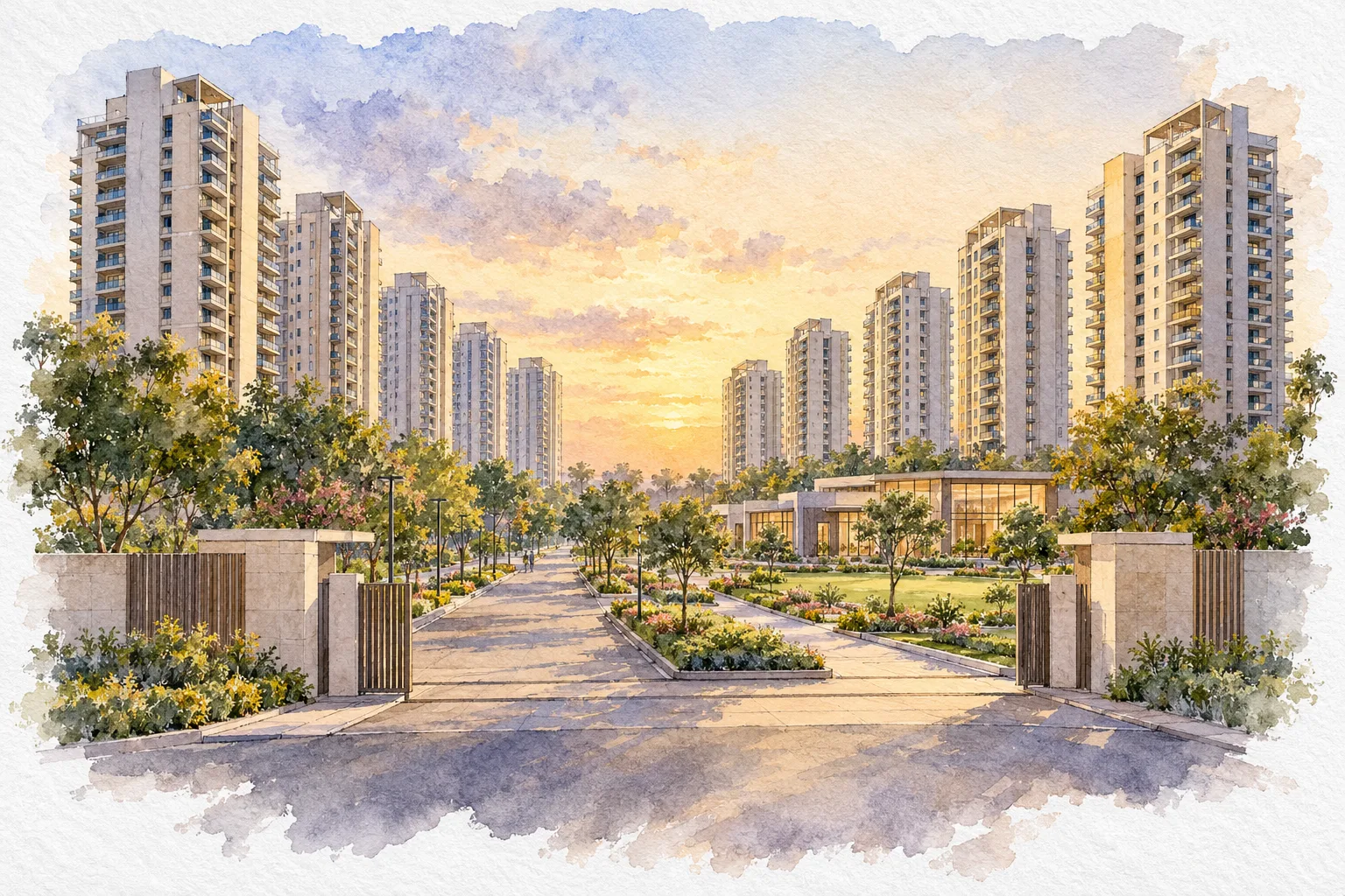 Watercolour illustration of Pioneer Park Phase 1 (not the actual project)