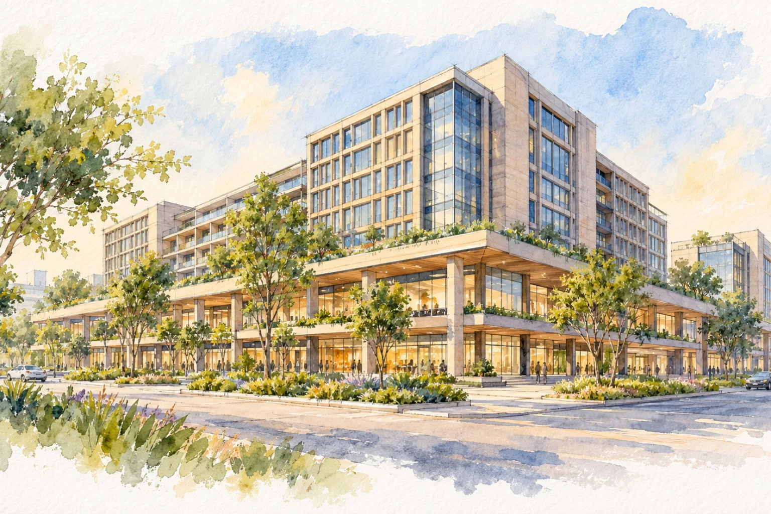 Watercolour illustration of Pioneer Urban Square (not the actual project)