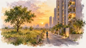 Watercolour illustration of a walled empty plot beside a high-rise tower with a figure between them