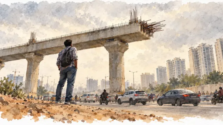 Watercolour illustration of a buyer looking up at an unfinished metro viaduct