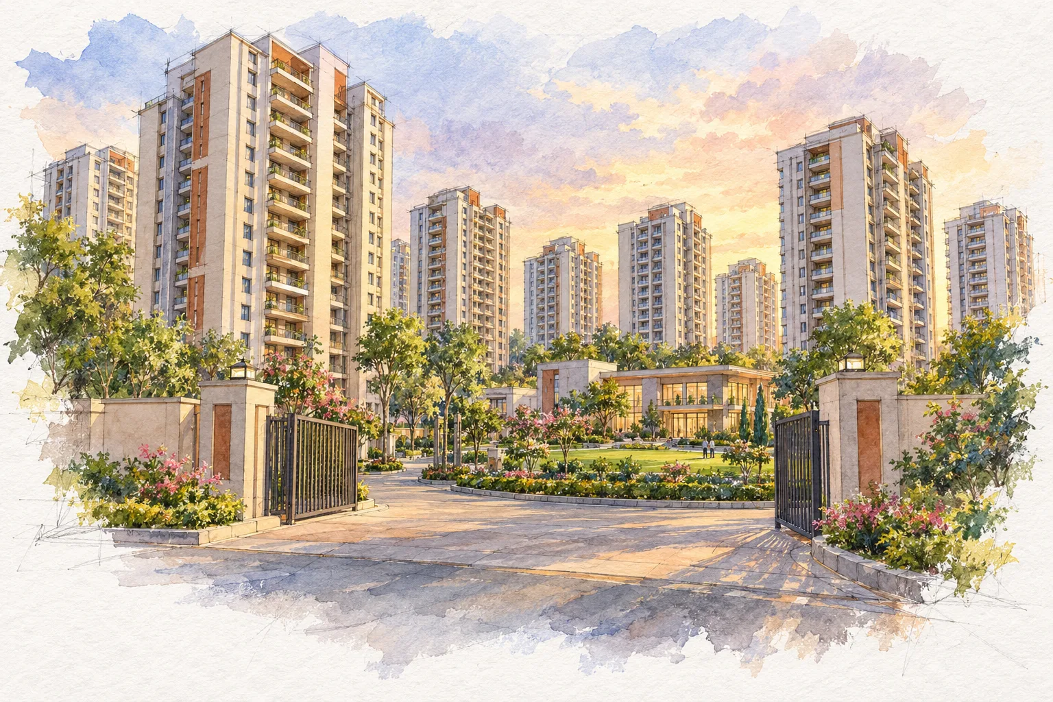 Watercolour illustration of Prosperity Homes (not the actual project)