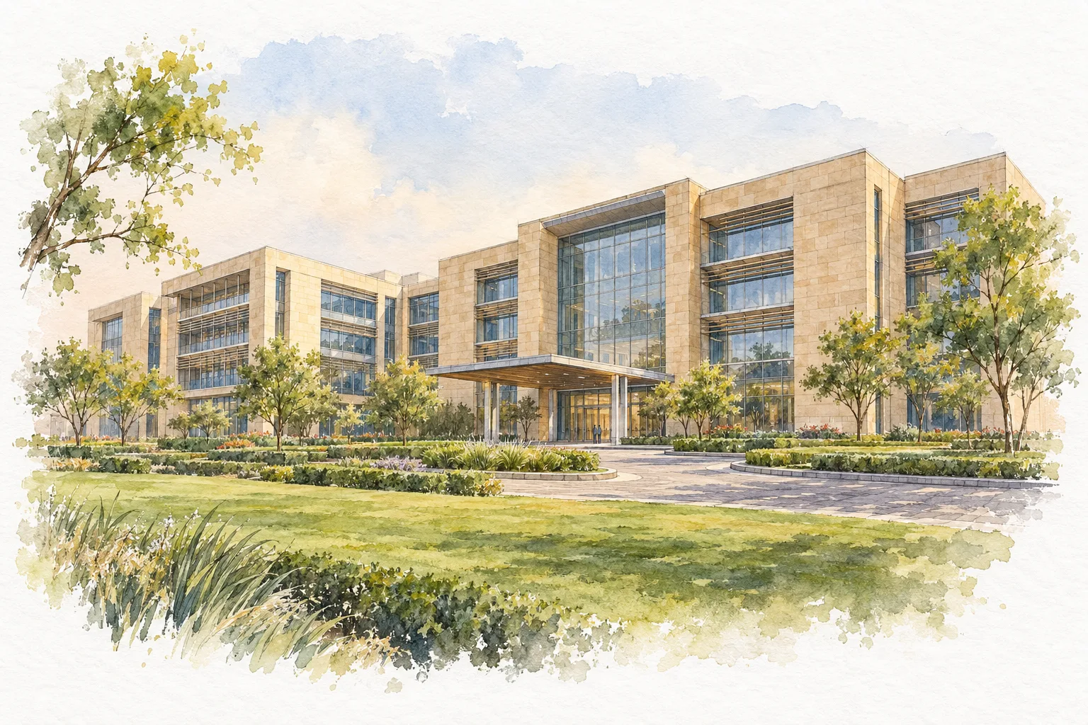 Watercolour illustration of Puri 81 Business Hub and 81 High Street (not the actual project)