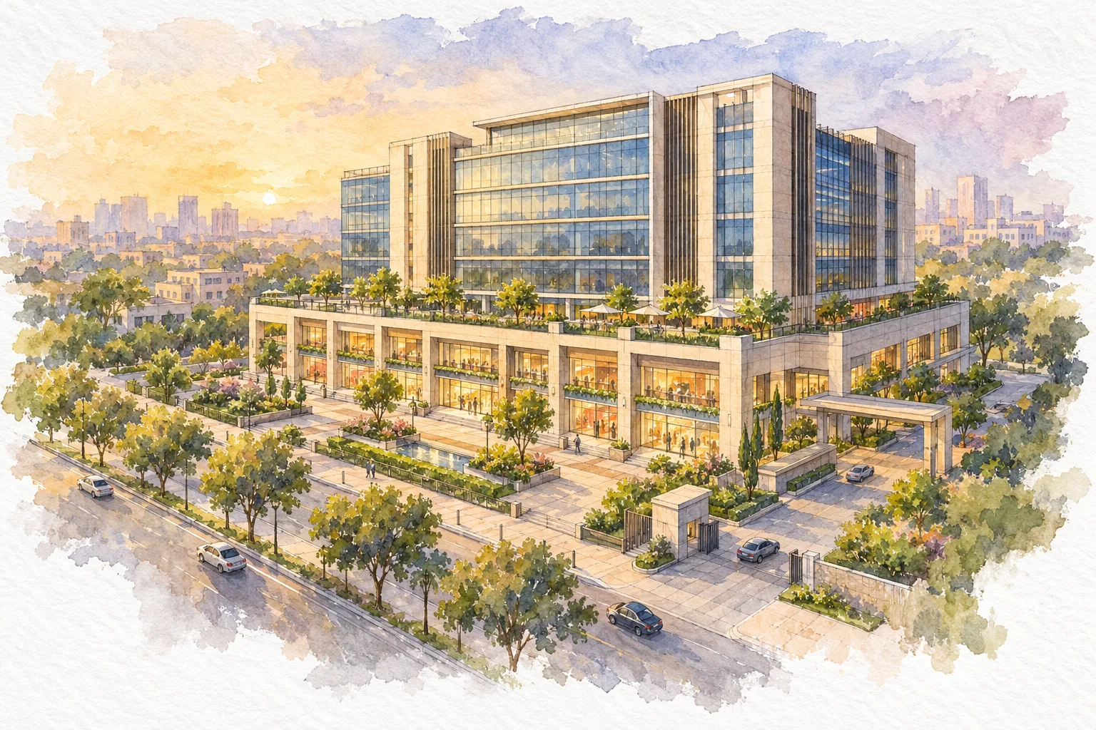 Watercolour illustration of Purvanchal Skyline Vista (not the actual project)