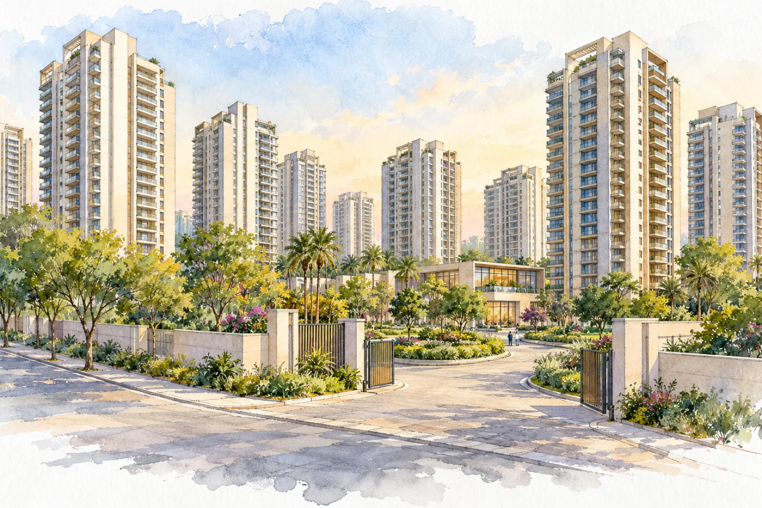 Watercolour illustration of Raheja Krishna Housing Scheme (not the actual project)