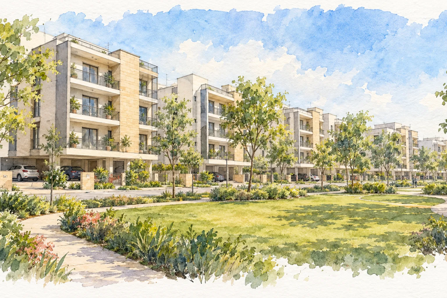 Watercolour illustration of Raheja Shilas (not the actual project)