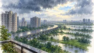 Watercolour illustration of an elevated road past towers and a wet river floodplain in the monsoon