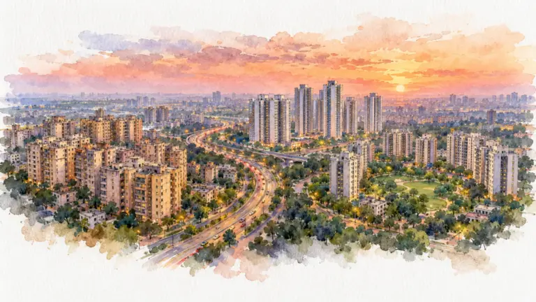 Watercolour illustration of three residential tower clusters in Ghaziabad at sunset with a highway