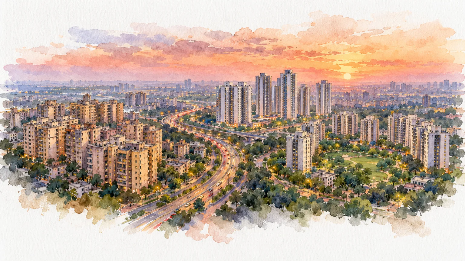 Watercolour illustration of three residential tower clusters in Ghaziabad at sunset with a highway