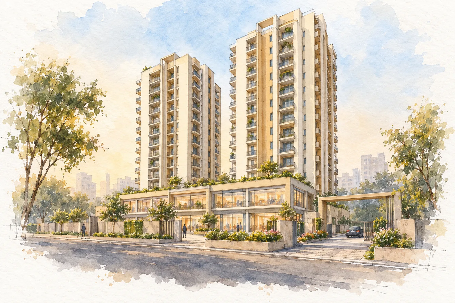 Watercolour illustration of Rajvansh Shivoy High Street (not the actual project)