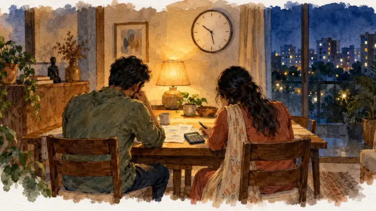 Watercolour illustration of a couple reviewing a loan statement at night