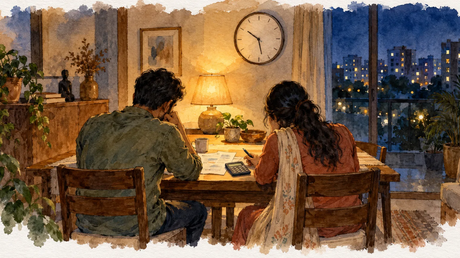 Watercolour illustration of a couple reviewing a loan statement at night