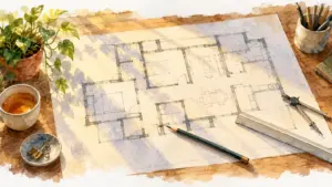 Watercolour illustration of an unlabelled floor plan with pencil and ruler in a sunbeam