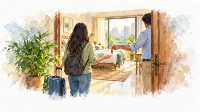 Watercolour illustration of a tenant receiving flat keys at the door with a suitcase and plant