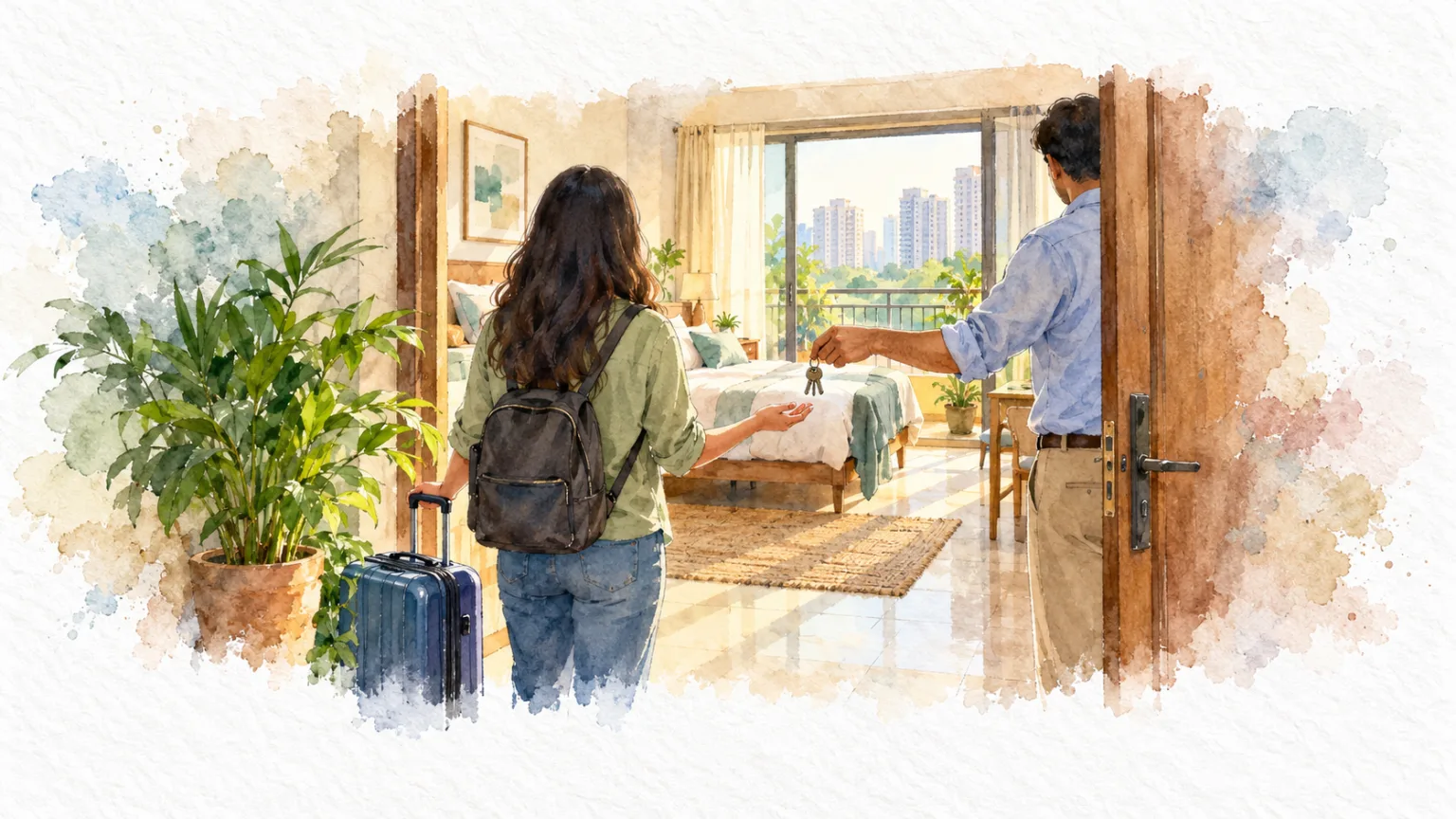 Watercolour illustration of a tenant receiving flat keys at the door with a suitcase and plant