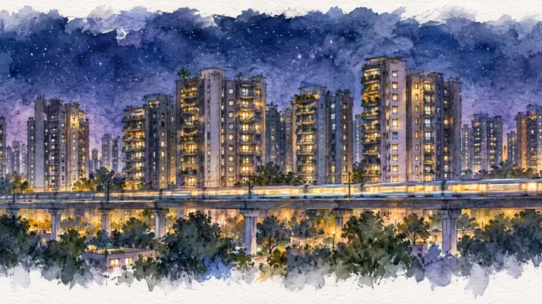 Watercolour illustration of Gurugram towers at night with lit and dark windows and a passing metro