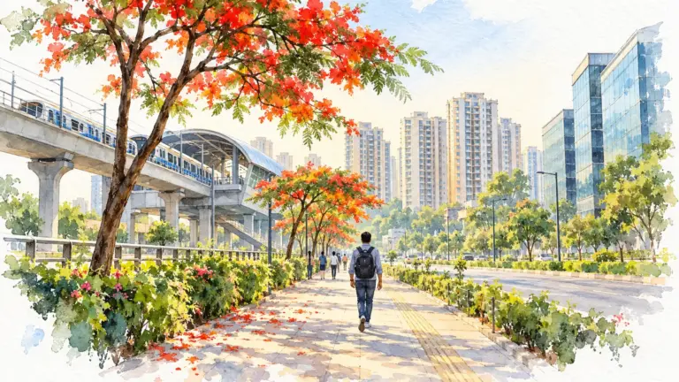 Watercolour illustration of a professional walking from a metro station toward Noida towers