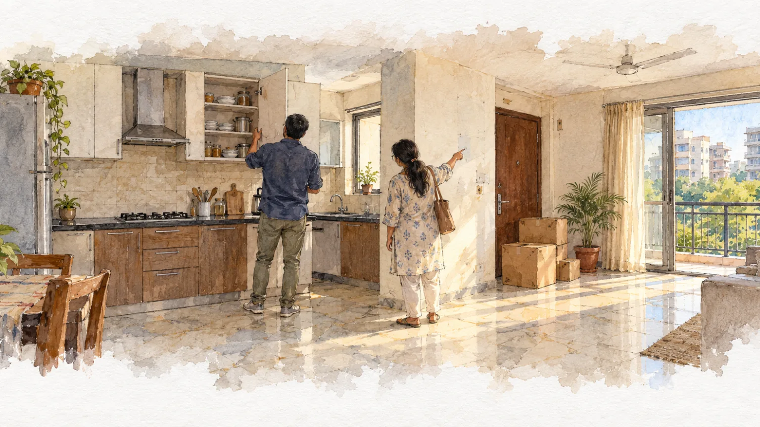 Watercolour illustration of a buyer inspecting a lived-in resale flat with sunlit marble floors