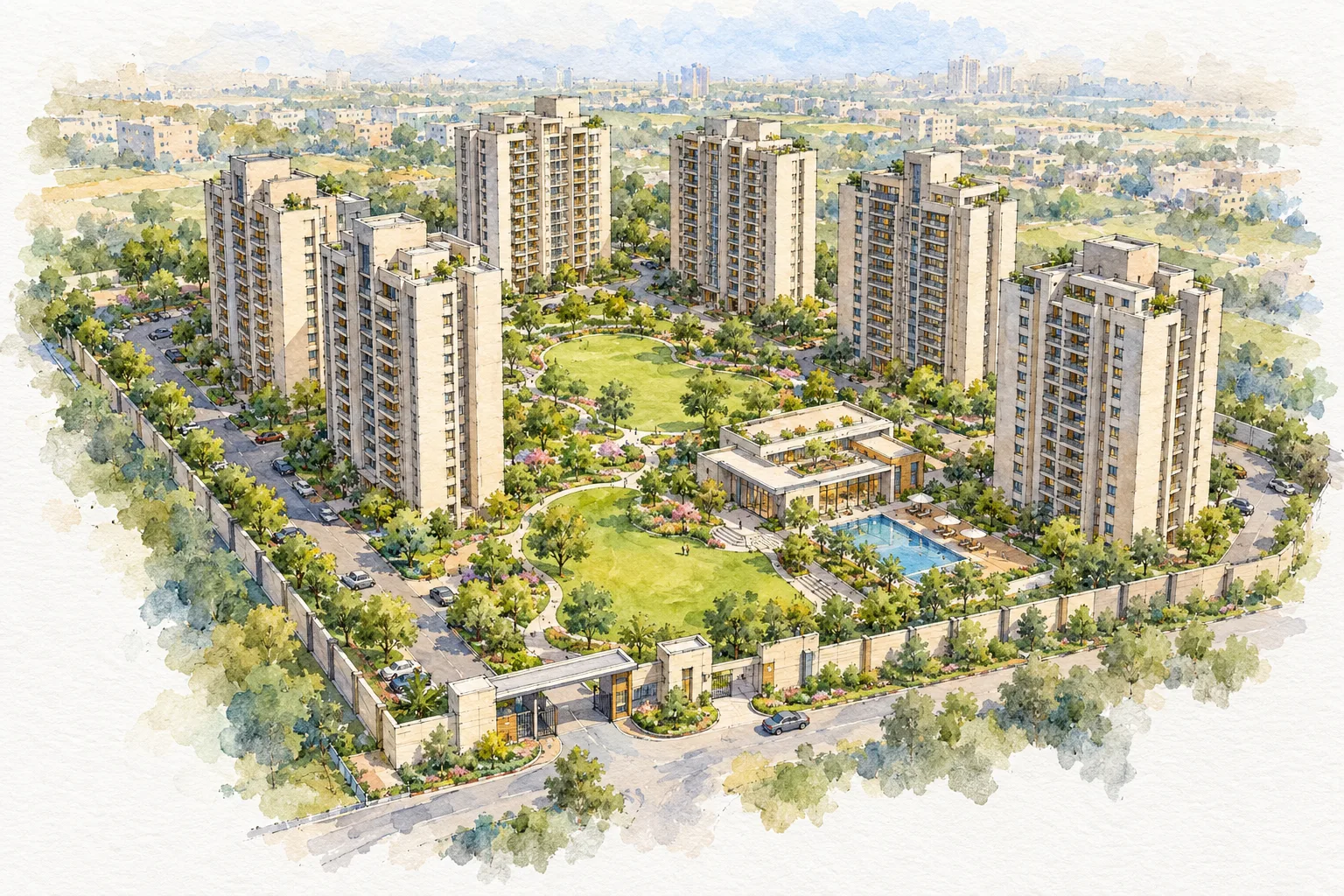 Watercolour illustration of ROF Insignia Park (not the actual project)