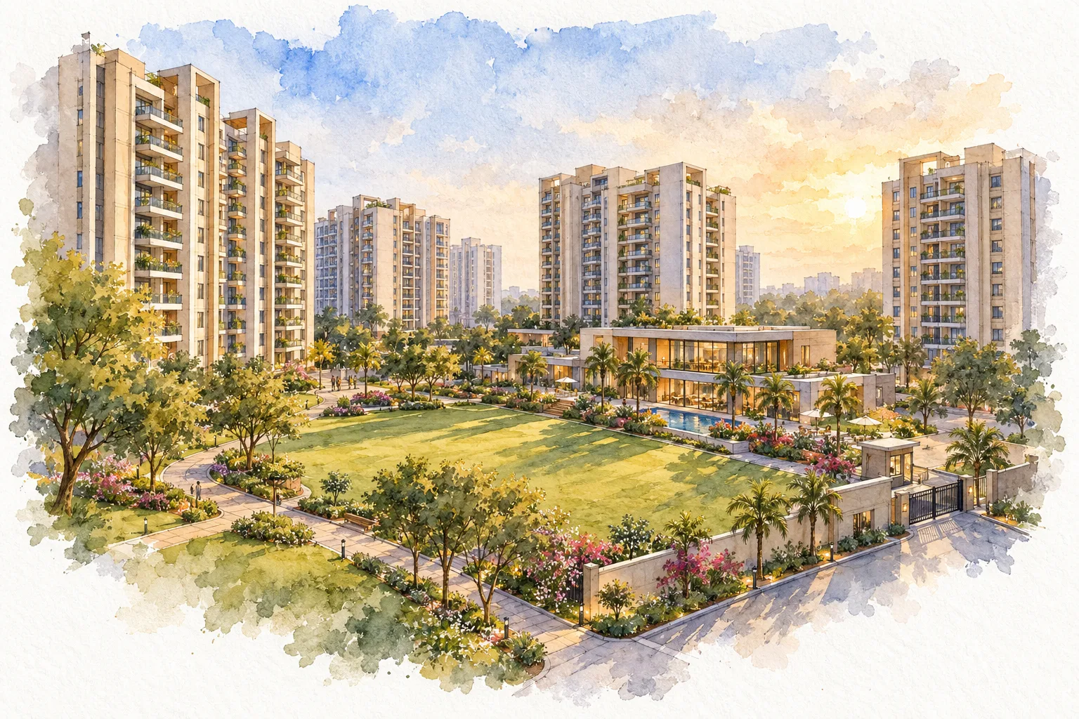 Watercolour illustration of RPS Palm Drive (not the actual project)