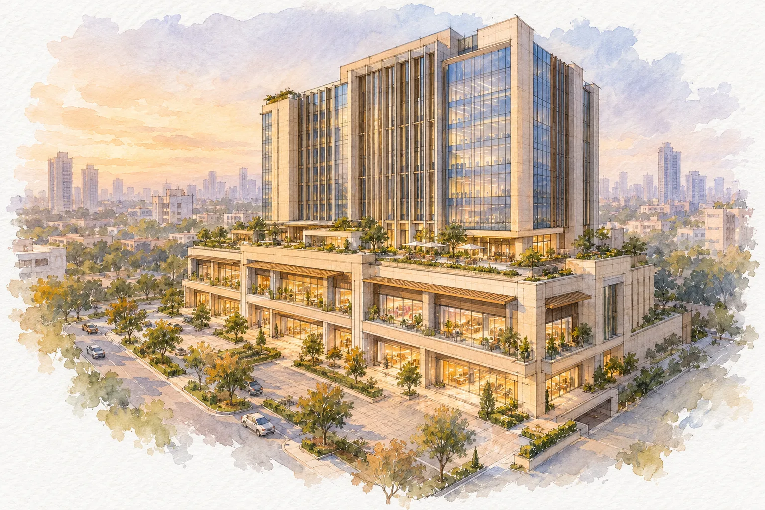 Watercolour illustration of Sahara Mall Gurugram (not the actual project)