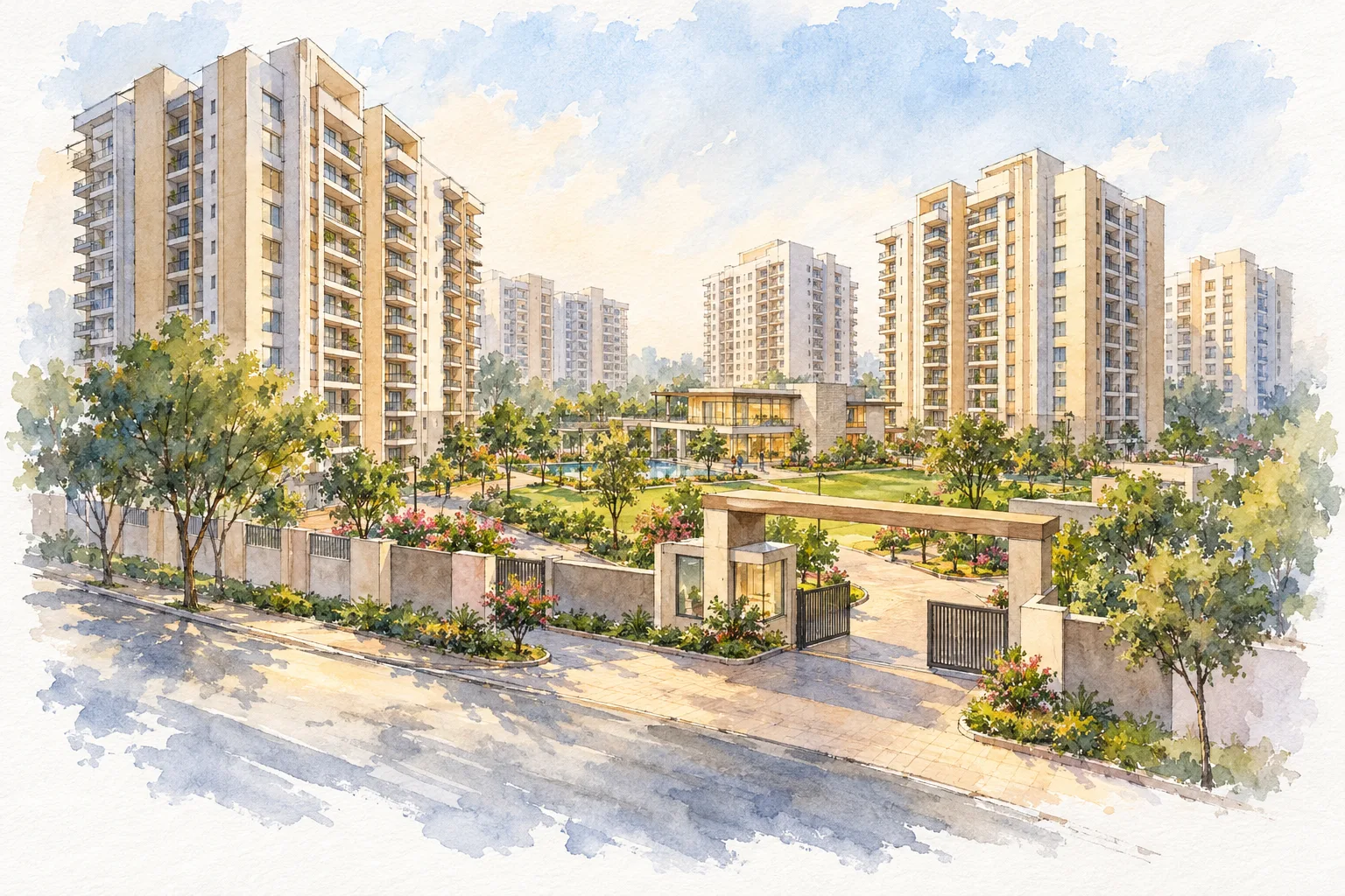 Watercolour illustration of Samyak Saffron Estate (not the actual project)