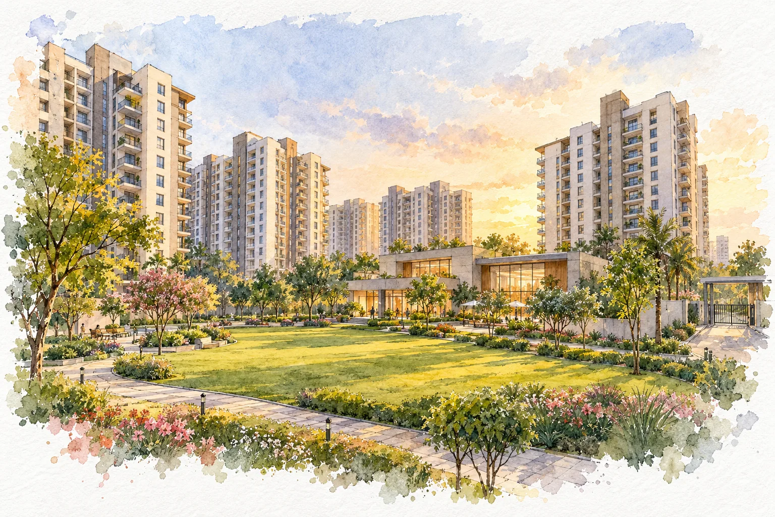Watercolour illustration of Samyak Saffron Grand (not the actual project)