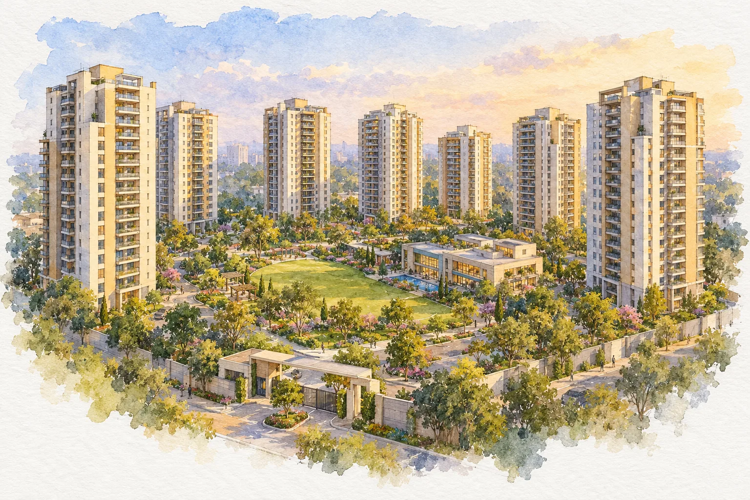 Watercolour illustration of Sawasdee Lodhi Greens (not the actual project)